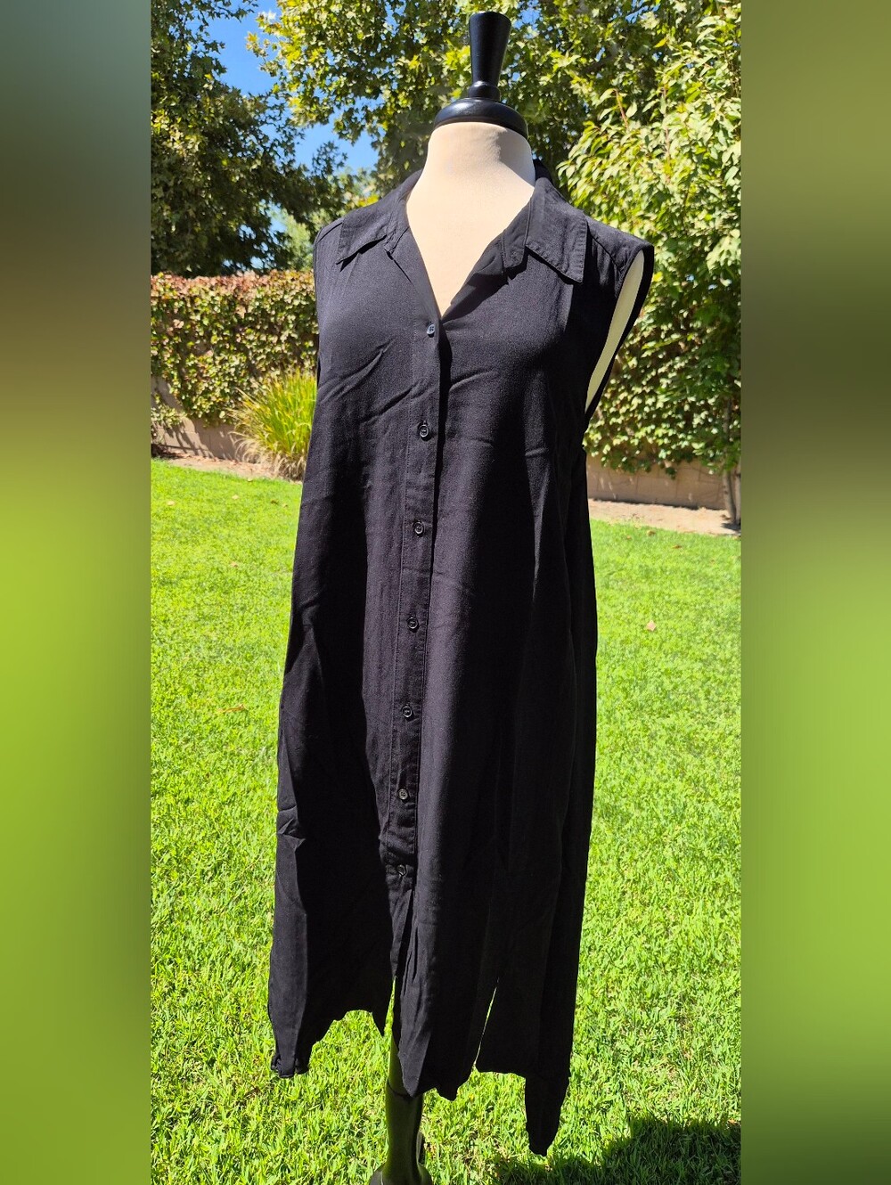 Button-Front Black Scarf-Hem Flowy Maxi Dress #0380